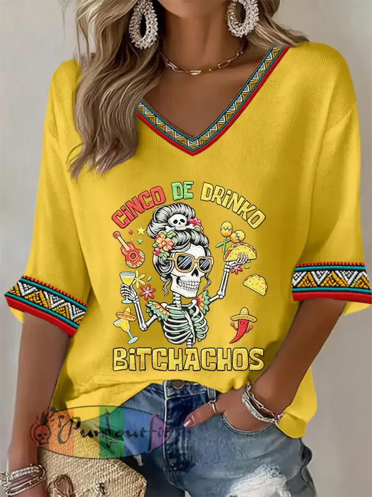 Women’s Funny Cinco De Drinko Bitchachos Skeleton Print Casual Waffle T-shirt