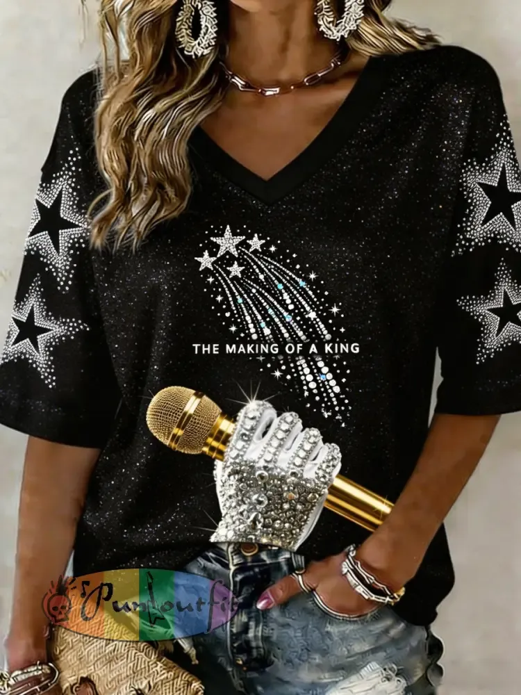 Women’s Pop Music Character Mid-length Sleeves V-Neck T-Shirt