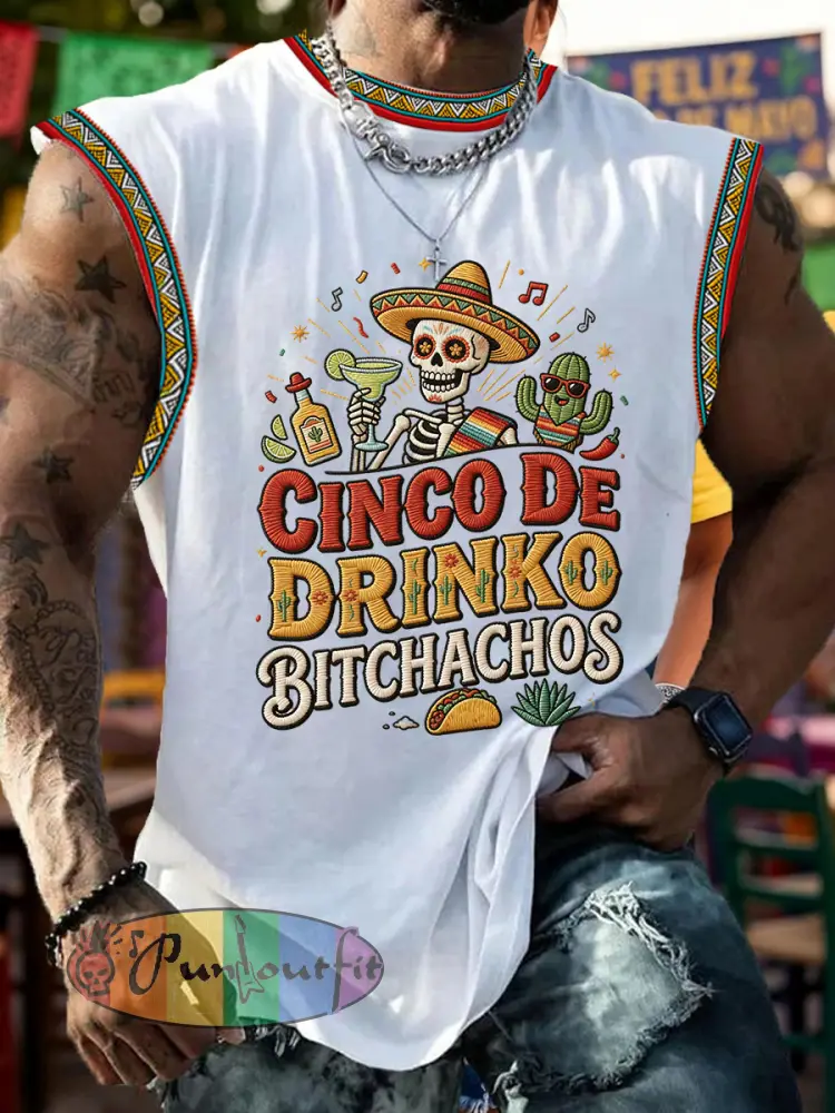 Men’s Funny Cinco De Drinko Bitchachos Skull Print Tank Top