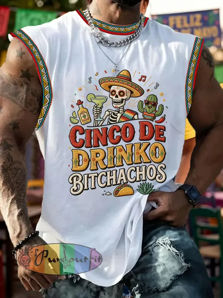 Men’s Funny Cinco De Drinko Bitchachos Skull Print Tank Top