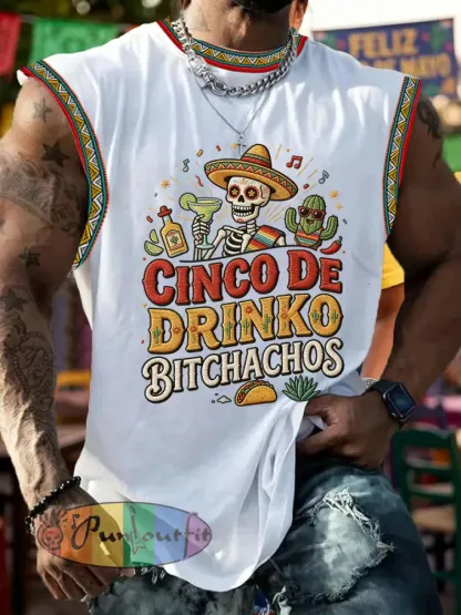 Men’s Funny Cinco De Drinko Bitchachos Skull Print Tank Top
