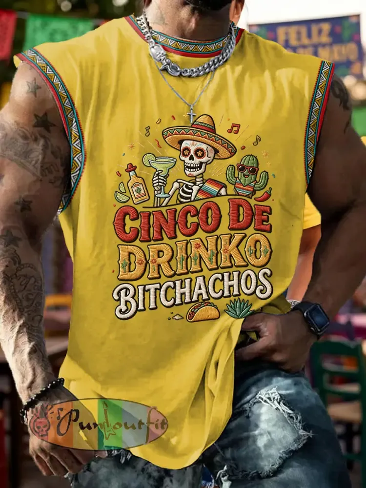Men’s Funny Cinco De Drinko Bitchachos Skull Print Tank Top