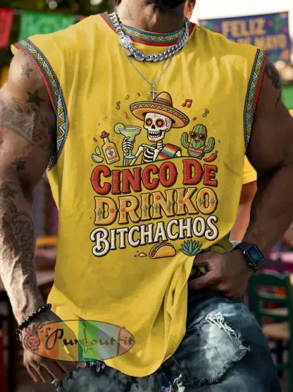 Men’s Funny Cinco De Drinko Bitchachos Skull Print Tank Top