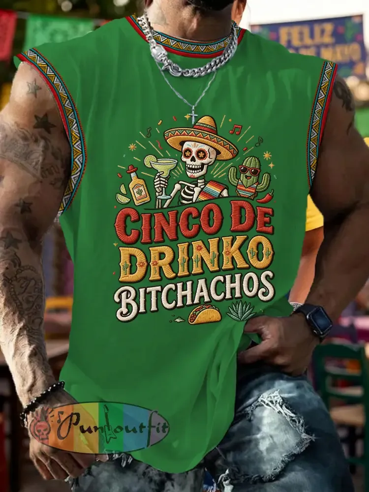 Men’s Funny Cinco De Drinko Bitchachos Skull Print Tank Top