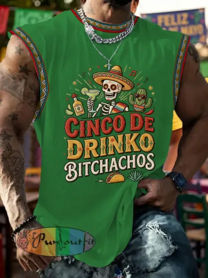 Men’s Funny Cinco De Drinko Bitchachos Skull Print Tank Top