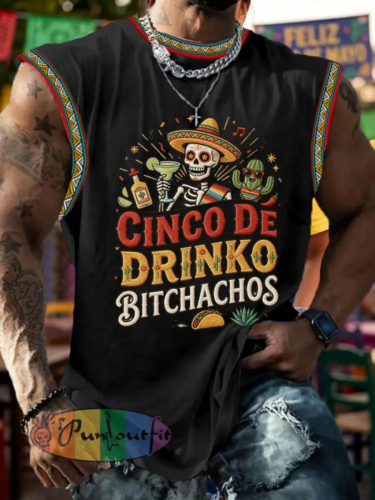 Men’s Funny Cinco De Drinko Bitchachos Skull Print Tank Top