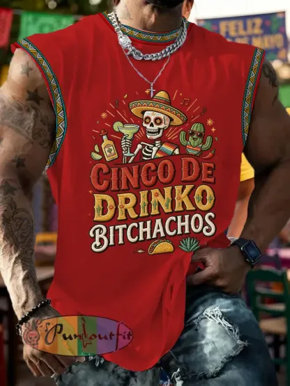 Men’s Funny Cinco De Drinko Bitchachos Skull Print Tank Top