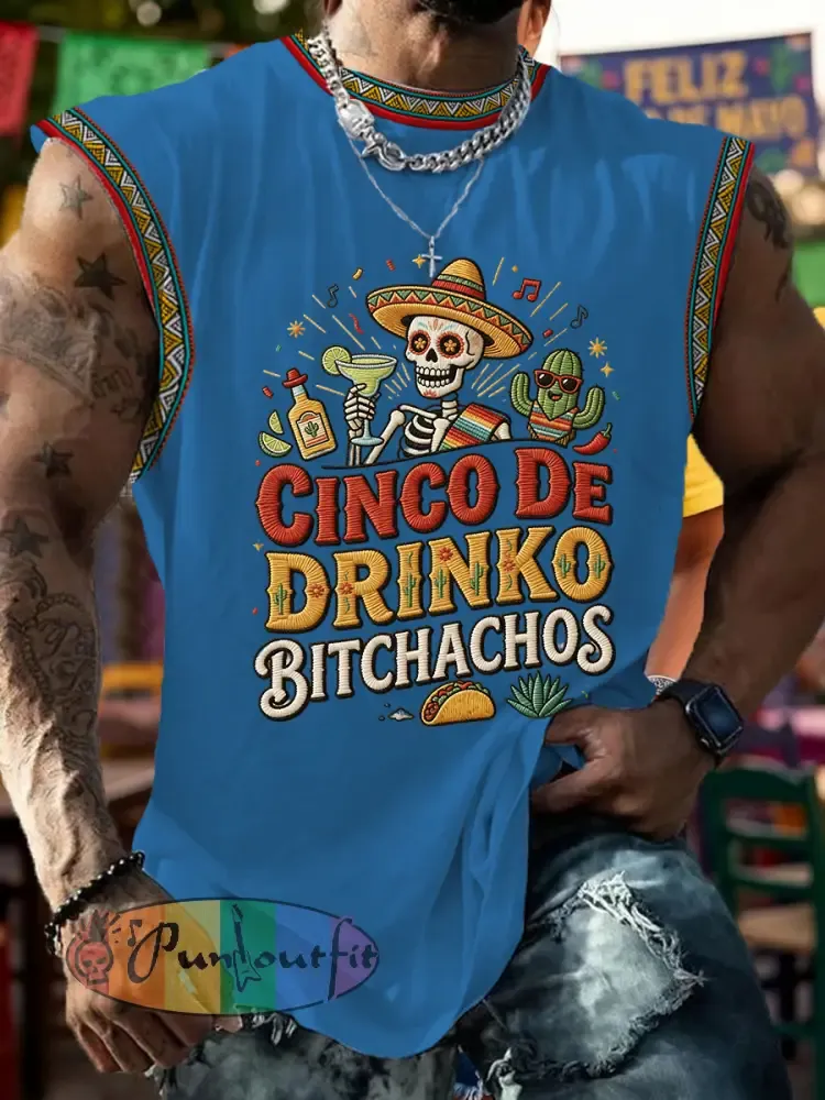 Men’s Funny Cinco De Drinko Bitchachos Skull Print Tank Top