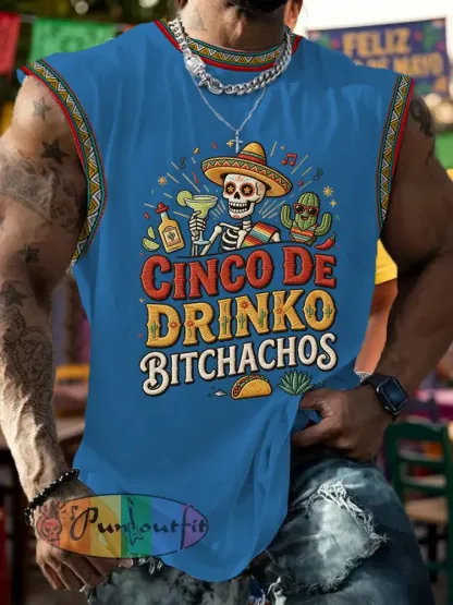 Men’s Funny Cinco De Drinko Bitchachos Skull Print Tank Top