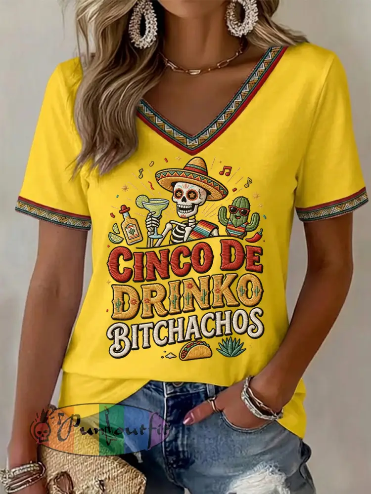 Women’s Funny Cinco De Drinko Bitchachos Skull Print V-Neck Tee