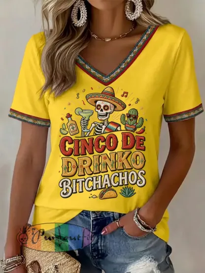 Women’s Funny Cinco De Drinko Bitchachos Skull Print V-Neck Tee