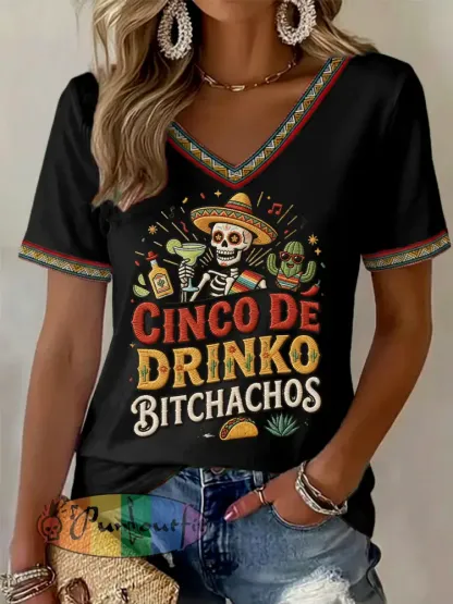 Women’s Funny Cinco De Drinko Bitchachos Skull Print V-Neck Tee