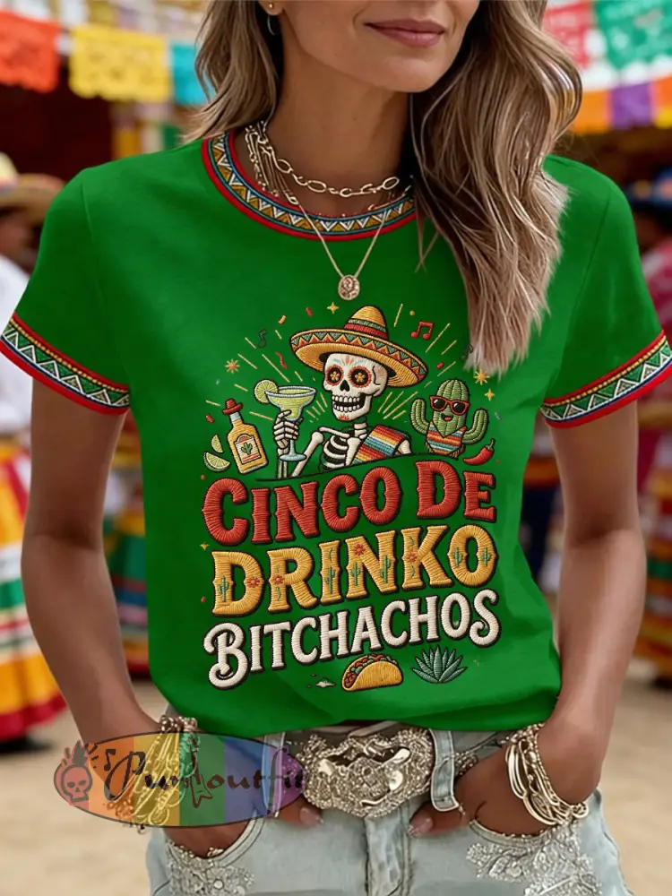 Women’s Funny Cinco De Drinko Bitchachos Skull Print Tee
