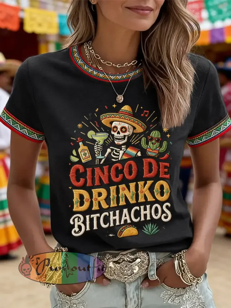Women’s Funny Cinco De Drinko Bitchachos Skull Print Tee