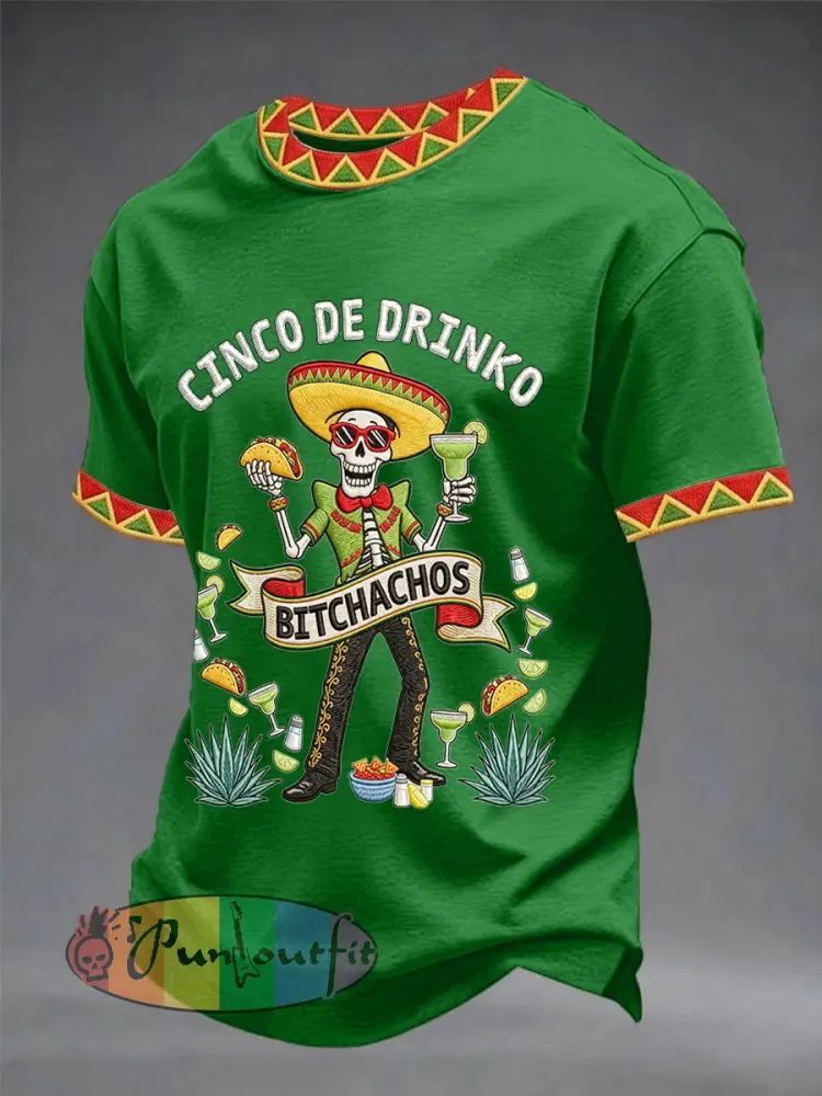 Men’s Funny Cinco De Drinko Bitchachos Skull Print Tee
