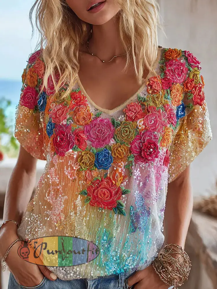 Women’s Rainbow Floral Print Casual T-shirt