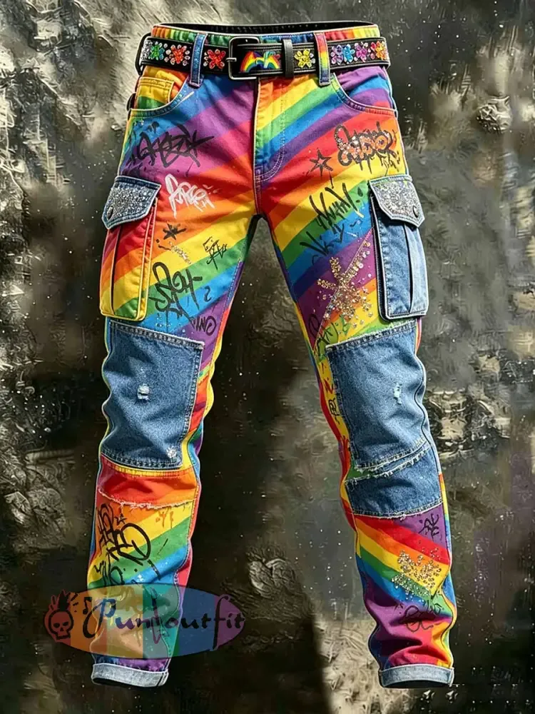 Men’s Retro Rainbow Pattern Printed Casual Work Pants