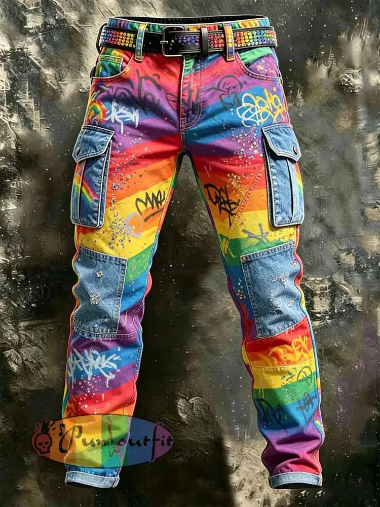 Men’s Retro Rainbow Pattern Printed Casual Work Pants