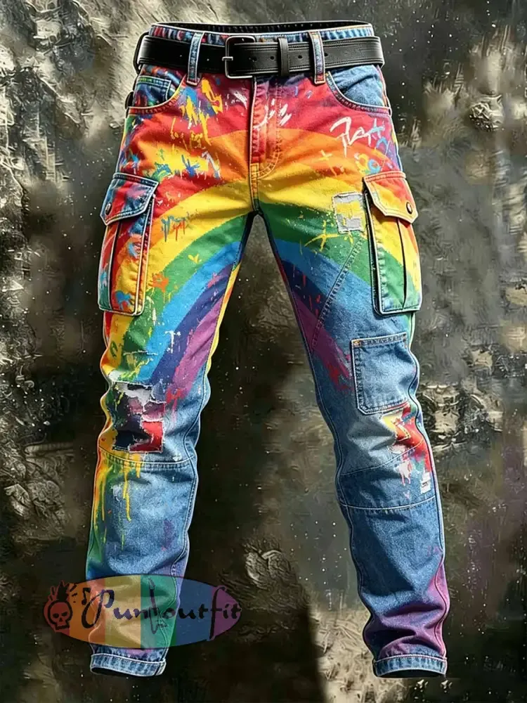 Men's Retro Rainbow Pattern Printed Casual Work Pants