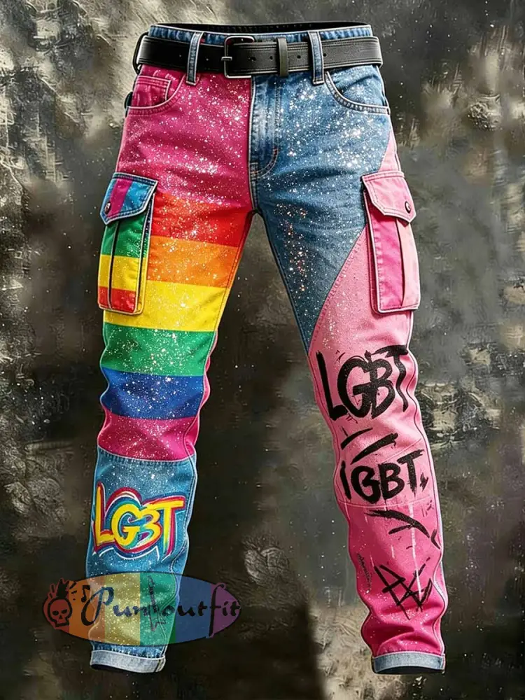 Men’s Retro Rainbow Pattern Printed Casual Work Pants