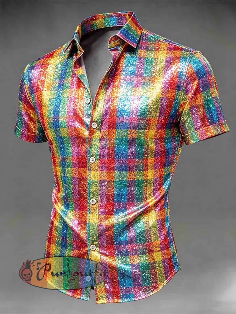 Men’s Retro Rainbow Pattern Printed Casual Shirt