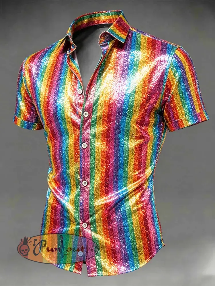 Men’s Retro Rainbow Pattern Printed Casual Shirt