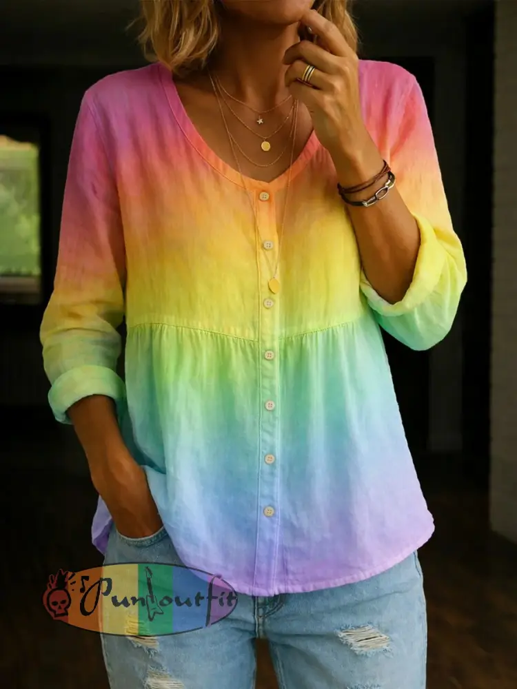 Women’s Rainbow Art Print Cotton-Linen Shirt