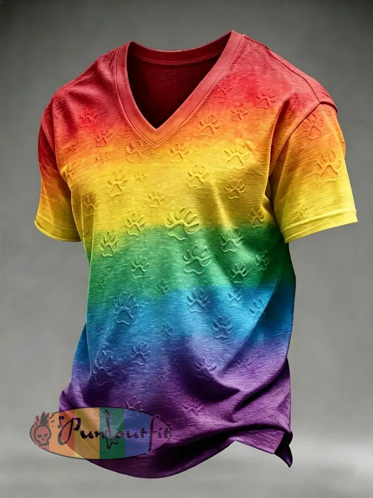Men’s Pride Month Rainbow Dog Paws Art V-neck Short Sleeve T-Shirt