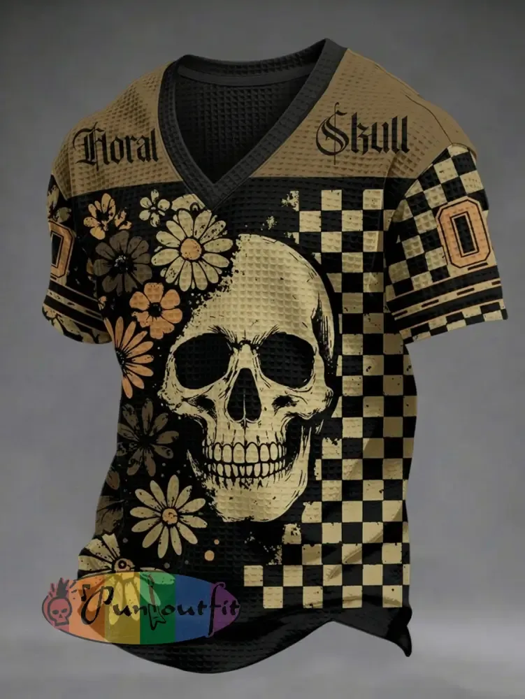 Men’s Dark Style Skull Print V-neck Waffle T-shirt