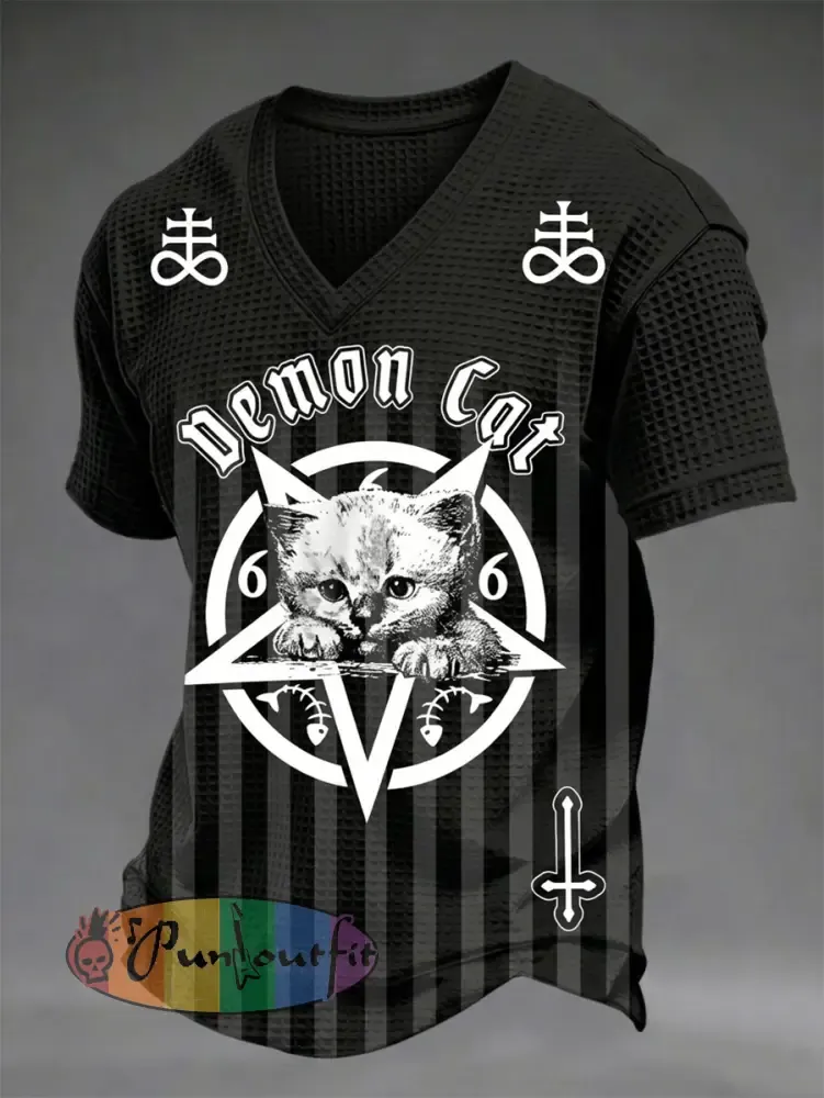 Men’s Dark Style Skull Print V-neck Waffle T-shirt
