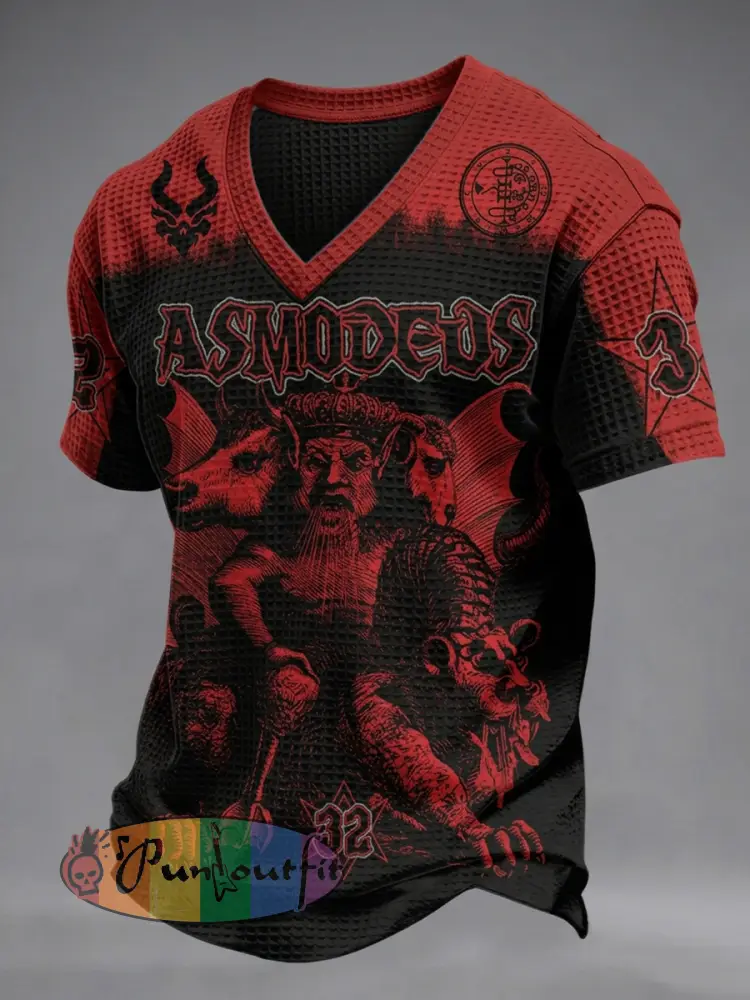 Men’s Dark Style Skull Print V-neck Waffle T-shirt