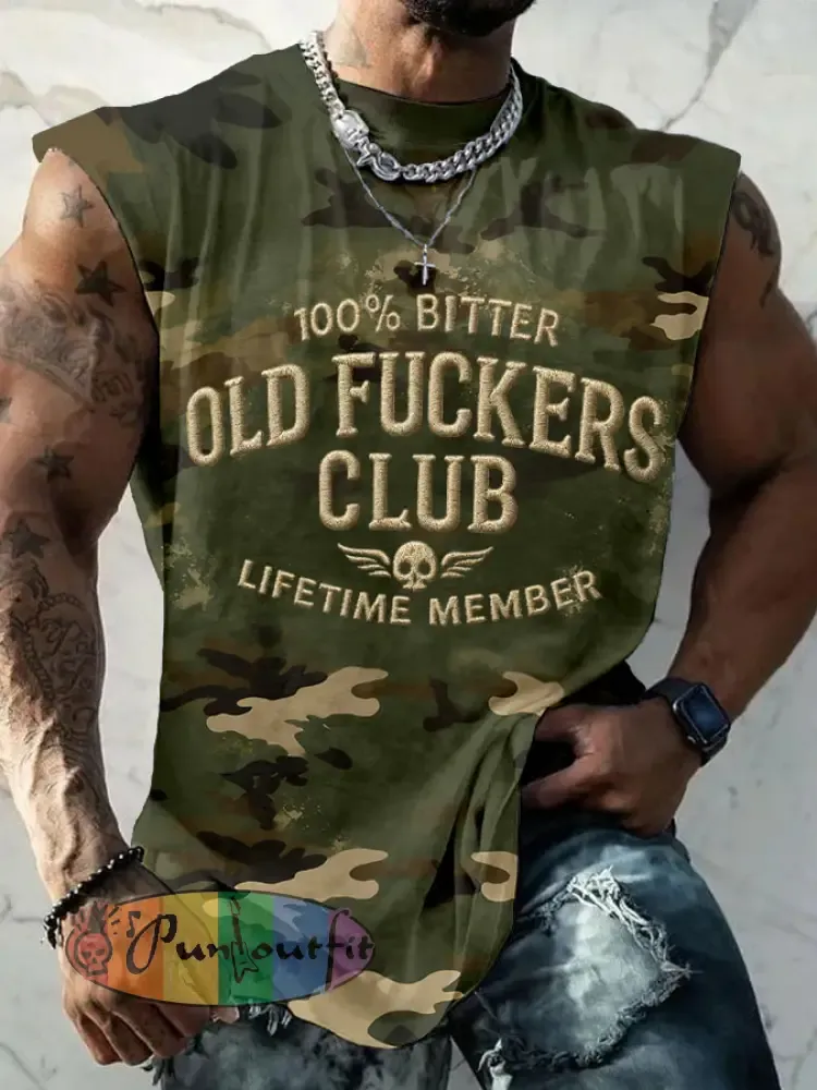 Men’s ’100% Bitter Old Fuckers Club’ camouflage vests