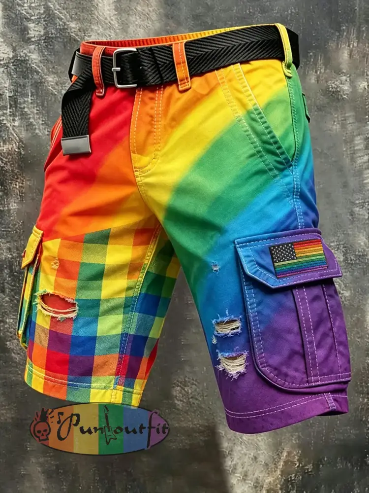 Men’s Pride Month: Retro-Chic Rainbow-Art Style Cargo Shorts