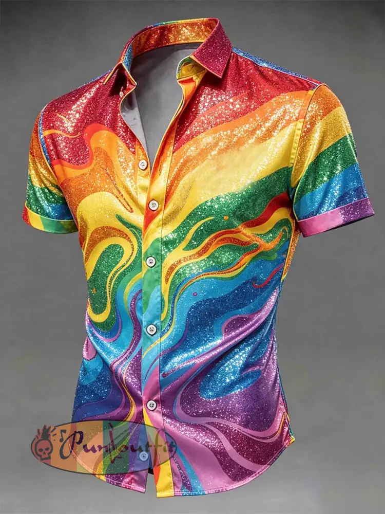 Men’s Retro Rainbow Pattern Printed Casual Shirt