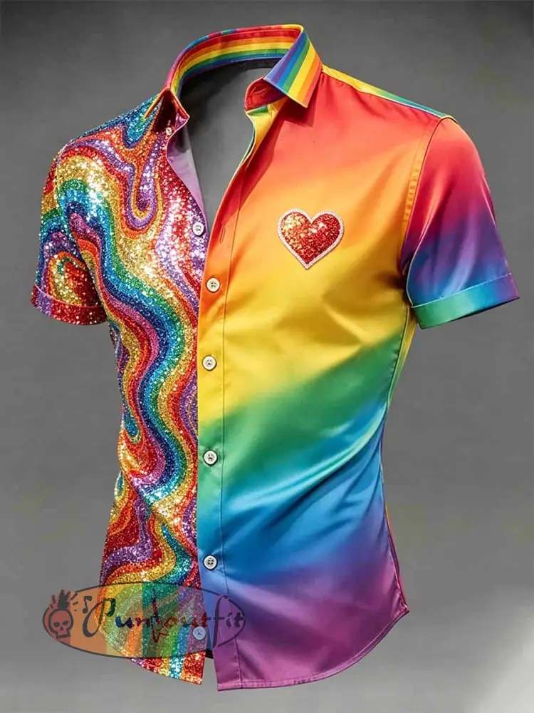 Men’s Retro Rainbow Pattern Printed Casual Shirt