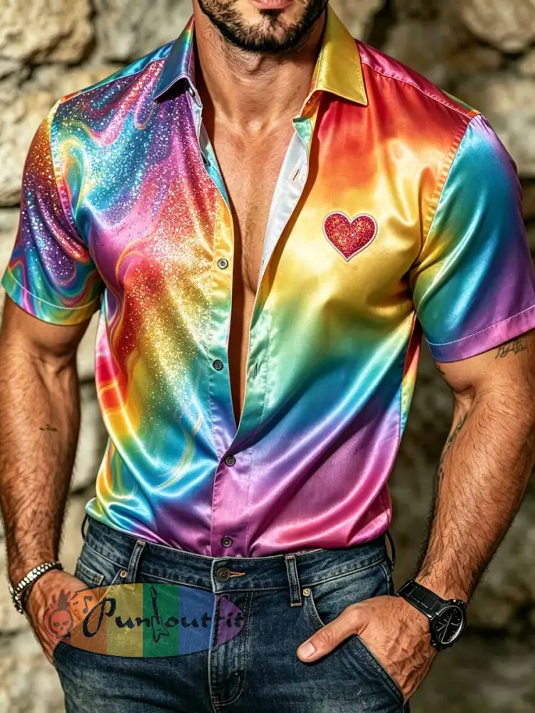 Men’s Retro Rainbow Pattern Printed Casual Shirt