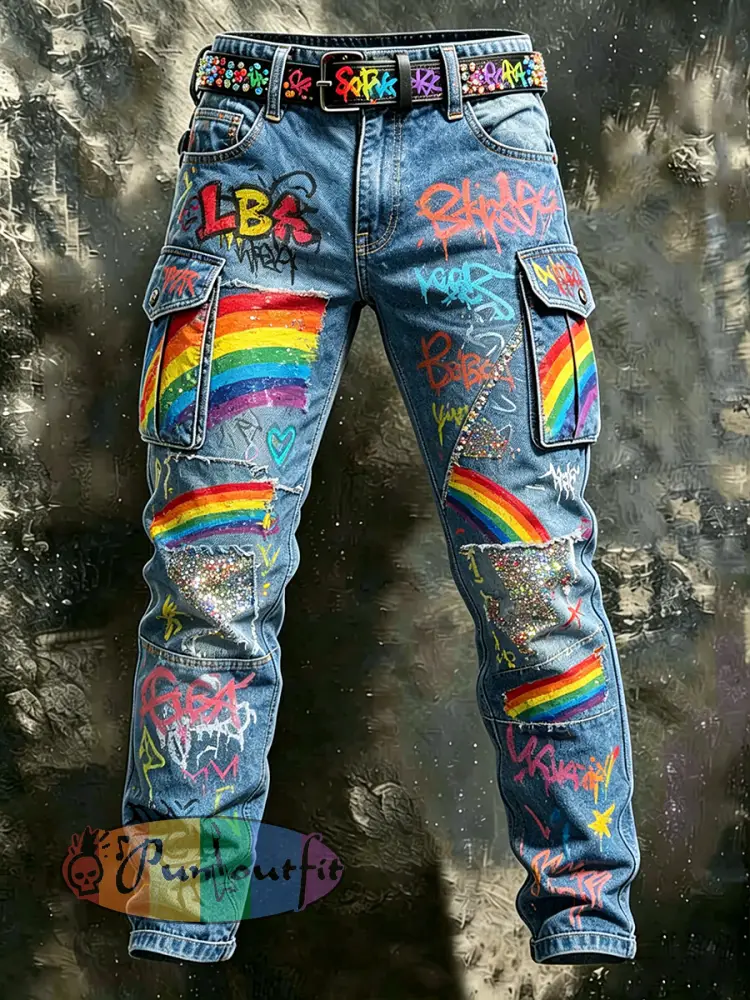 Men’s Retro Rainbow Pattern Printed Casual Work Pants