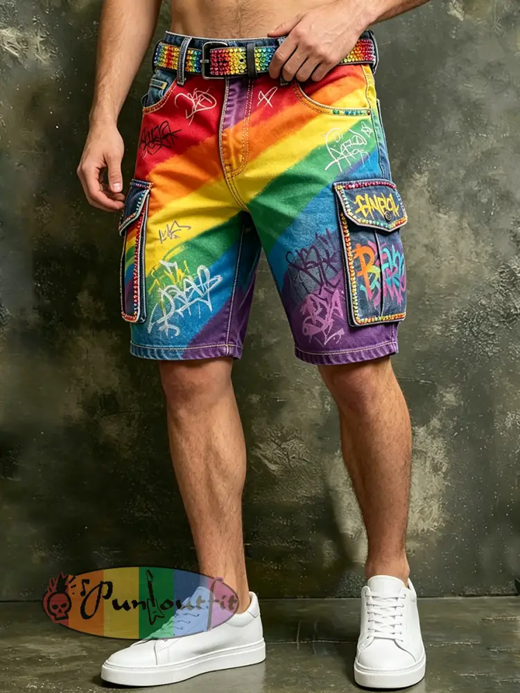 Men’s Retro Rainbow Pattern Printed Casual Work Pants