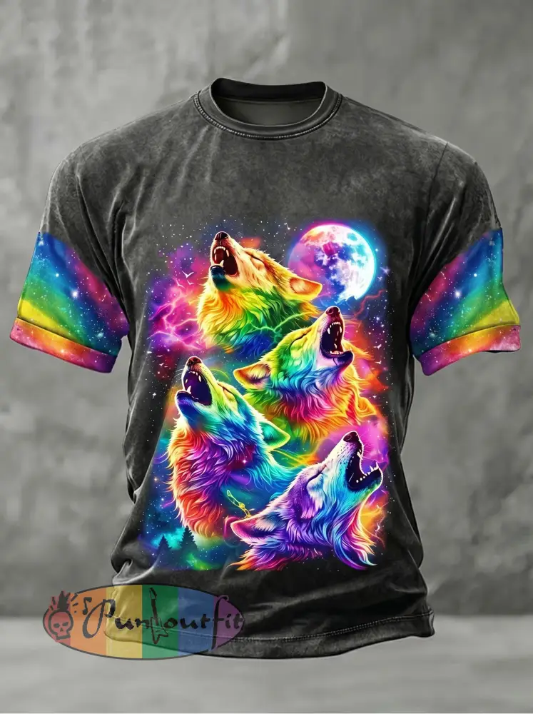 Men’s Rainbow Wolf Art Print Casual T-Shirt