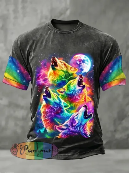 Men’s Rainbow Wolf Art Print Casual T-Shirt