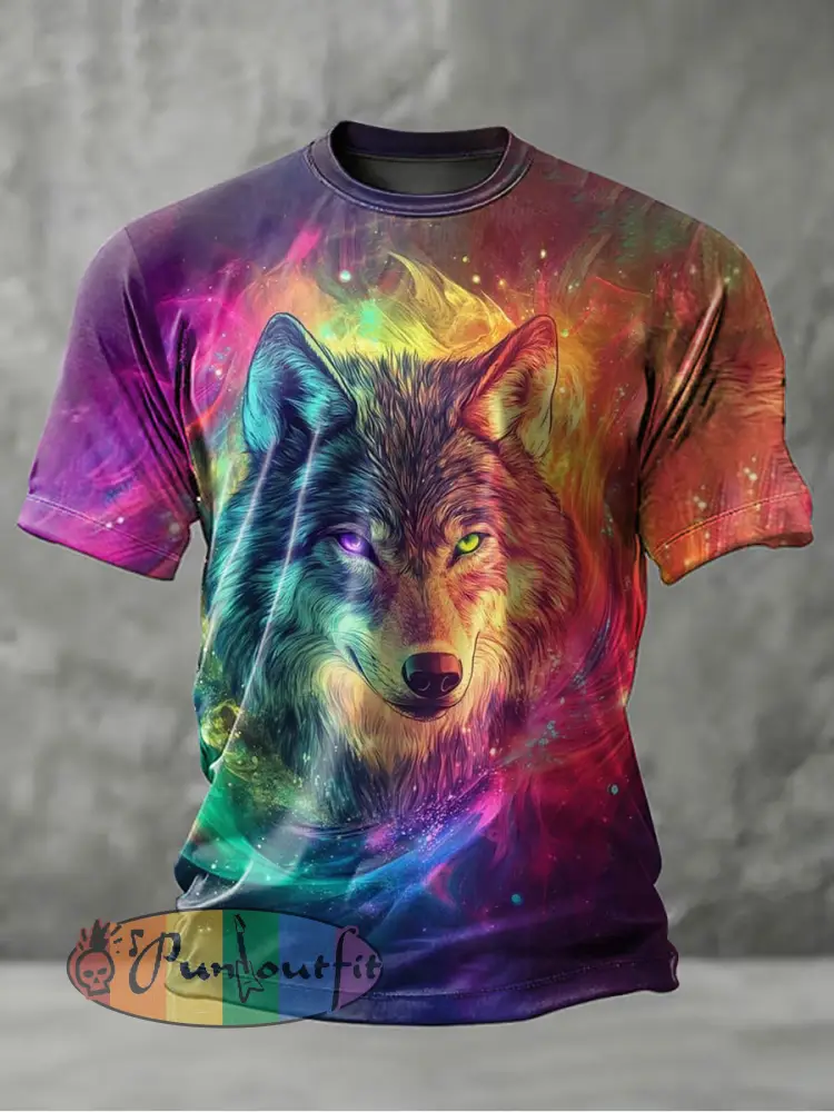 Men’s Rainbow Wolf Art Print Casual T-Shirt