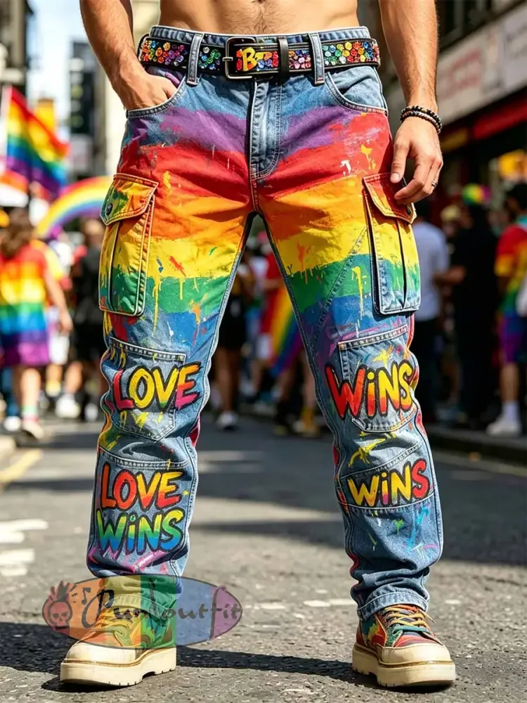 Men’s Retro Rainbow Pattern Printed Casual Work Pants