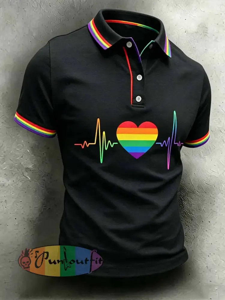 Men’s Retro Rainbow Pattern Printed Casual Polo Shirt