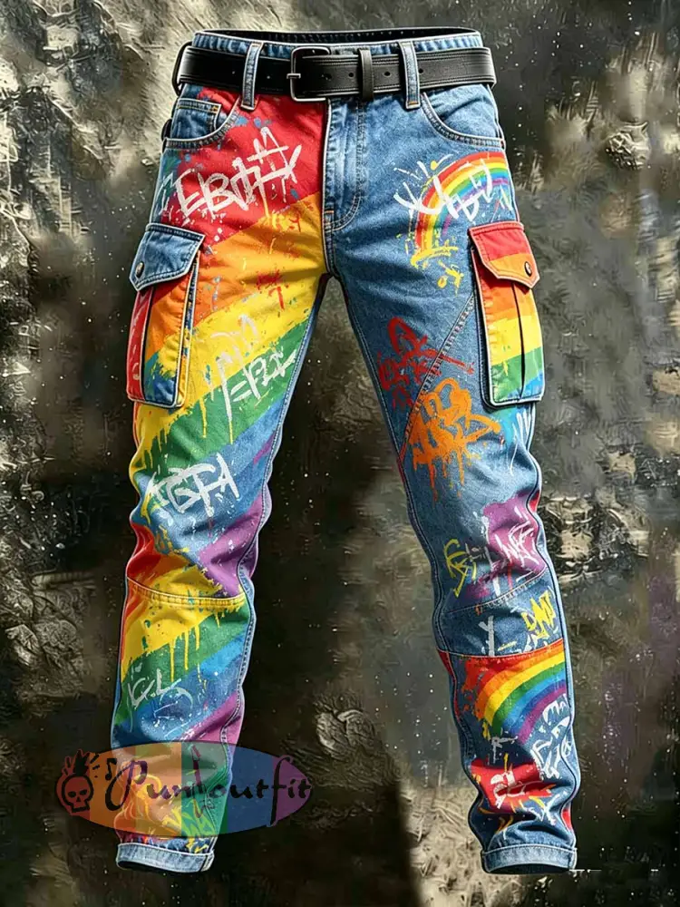 Men’s Rainbow Pride Art Print Casual Cargo Pants