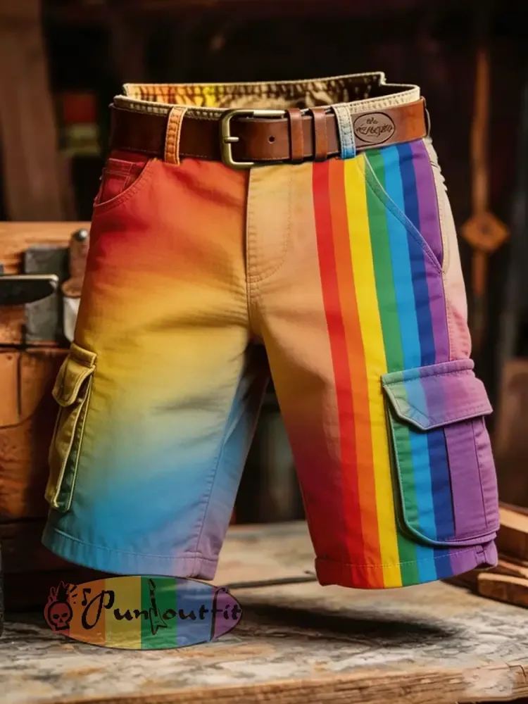 Men’s Pride Month: Retro-Chic Rainbow-Art Style Cargo Shorts
