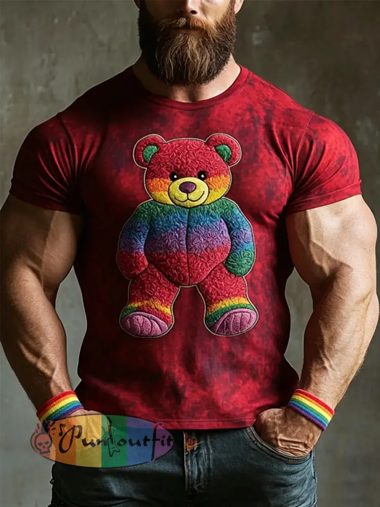 Men’s LGBTQ Pride Month Rainbow Bear Print Casual Tee