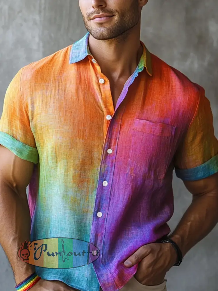 Men’s LGBTQ Pride Month Rainbow Print Casual Short Sleeve Shirt