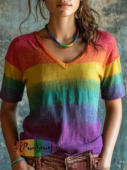 Women’s LGBTQ Pride Month Rainbow Print Casual V-Neck Top