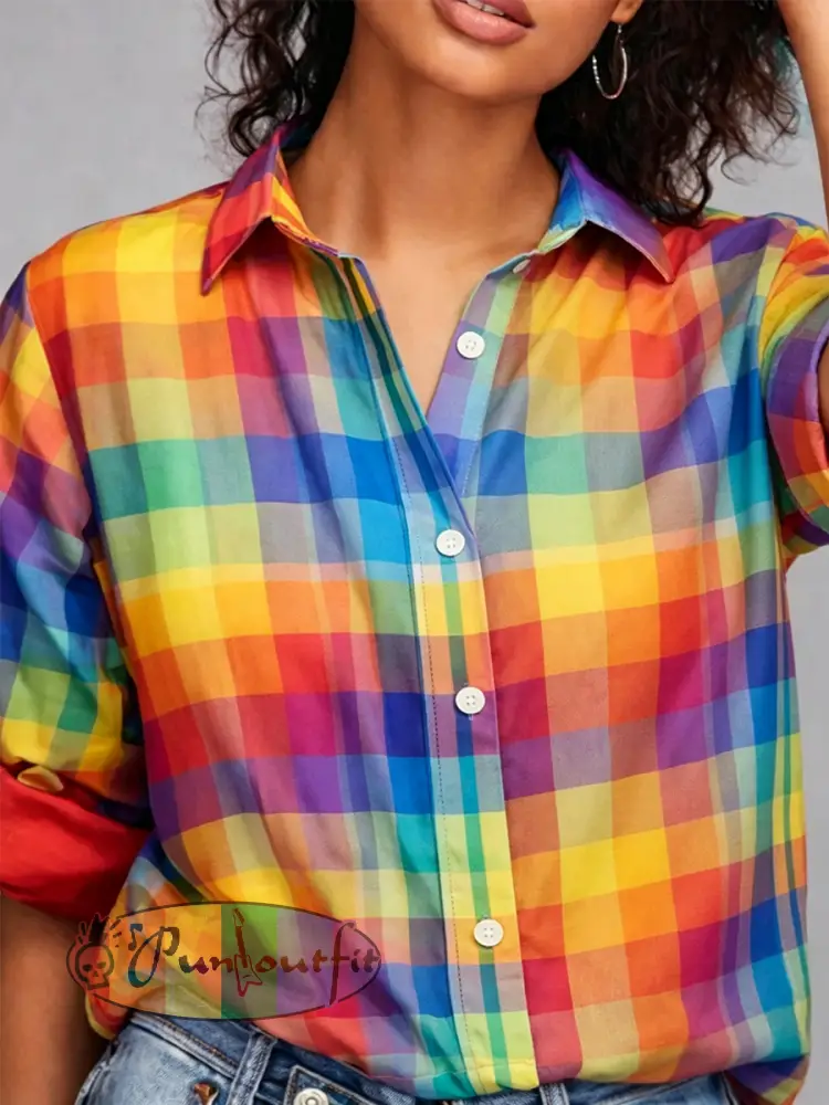 Women’s LGBTQ Pride Month Rainbow Plaid Print Casual Shirt