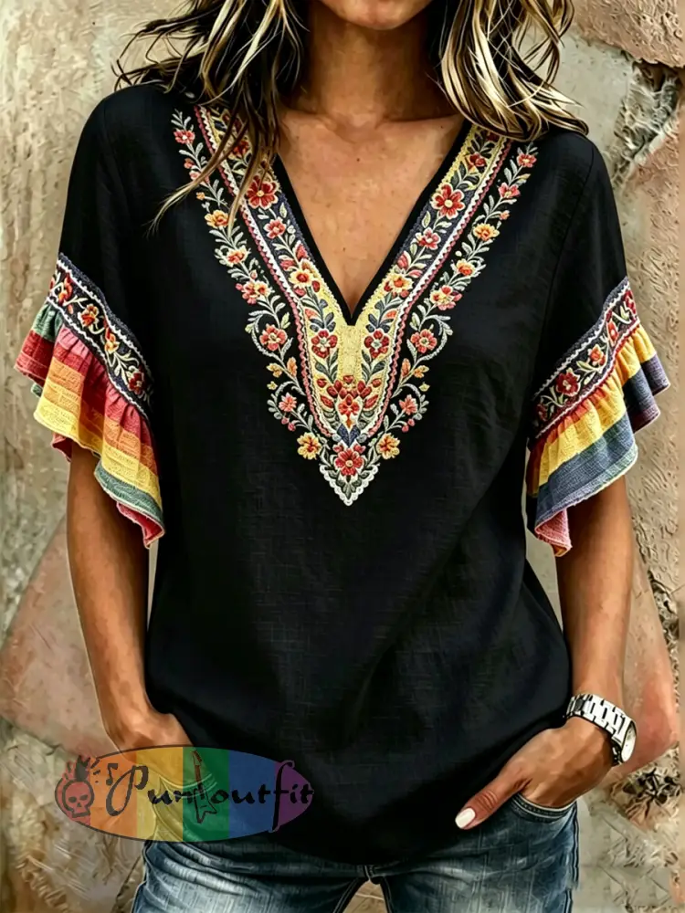 Women’s Rainbow Floral Print Short Sleeve T-Shirt